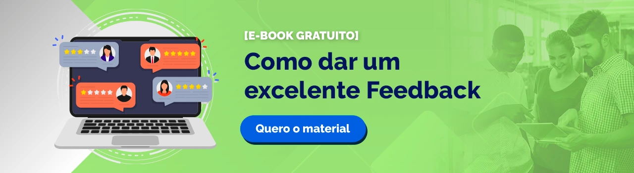 Banner com fundo branco e verde, com um desenho de computador com quatro telinhas de avaliação. O texto "como dar um excelente feedback" está em destaque na cor azul, assim como o botão "Quero o material".