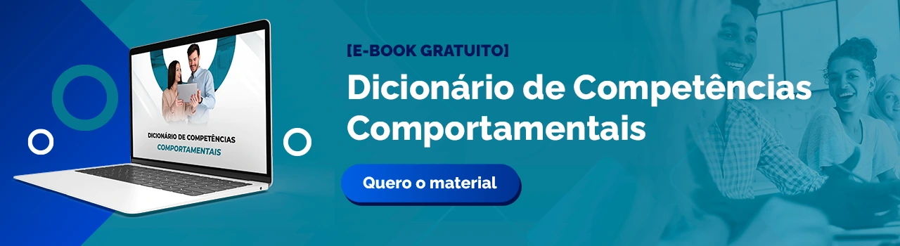 Banner com funco azul e um computador no canto direito. "Dicionário de competências comportamentais" é o texto em foco, seguido por um botão azul com "quero o material"