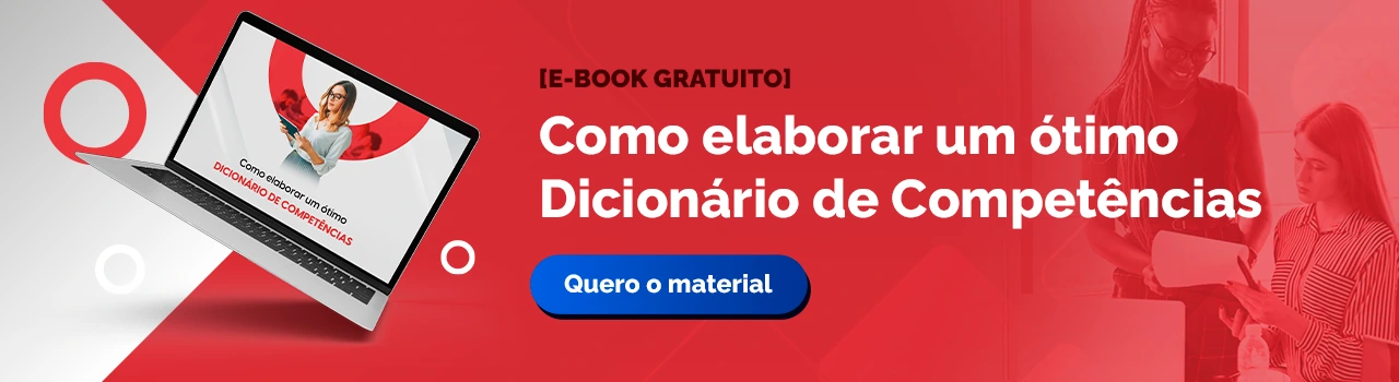 Banner com fundo vermelho e detalhe branco no canto ao lado de um laptop, com o texto em destaque "Como elaborar um ótimo Dicionário de Competências" escrito na cor branca e botão na cor azul com o texto "Quero o material".