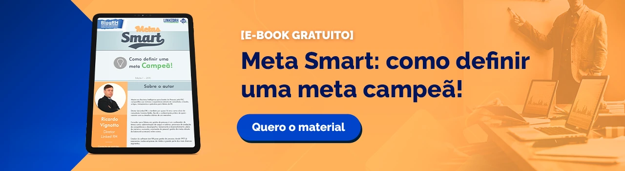 Banner com fundo laranja e detalhe azul no canto ao lado de um tablet, com o texto em destaque "Meta Smart: como definir uma meta campeã" em azul escuro e botão da mesma cor com o texto "Quero o material".