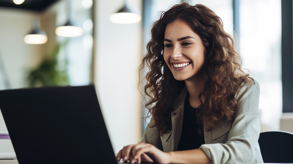 Mulher sorridente está sentada olhando para a tela do computador. A imagem representa a facilidade de usar o workflow de RH.