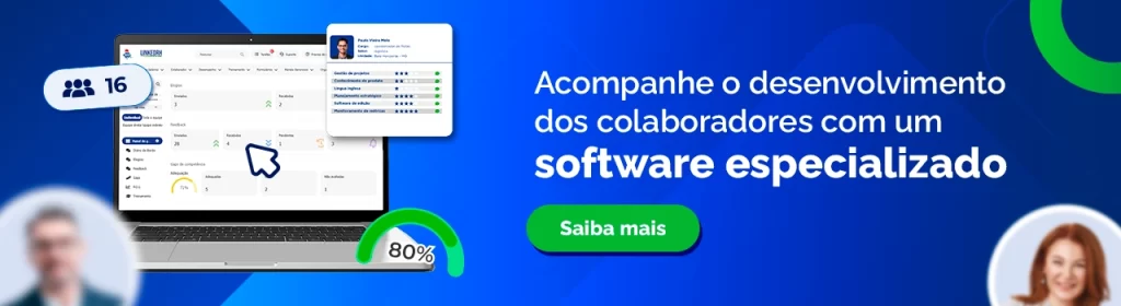 Interface de software especializado para acompanhamento do desenvolvimento de colaboradores, avaliações de desempenho e análise de lacunas de competências.