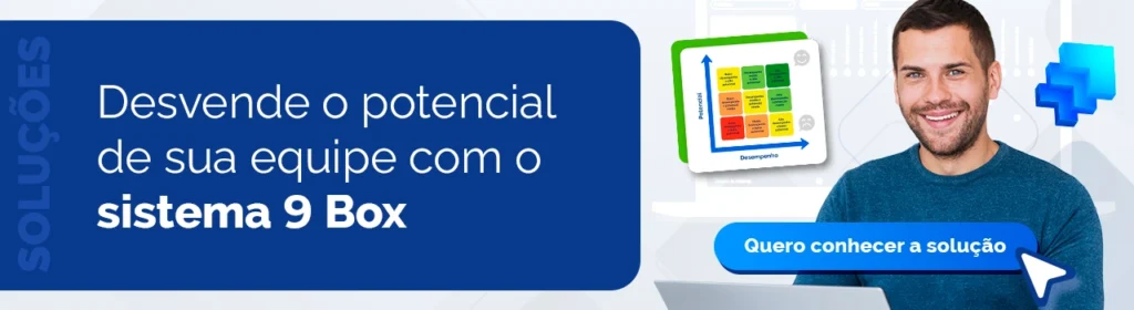 Banner com a frase "Desvende o potencial de sua equipe com o sistema 9 Box" e um homem sorrindo ao lado de um gráfico sobre a metodologia 9 box na avaliação de desempenho.