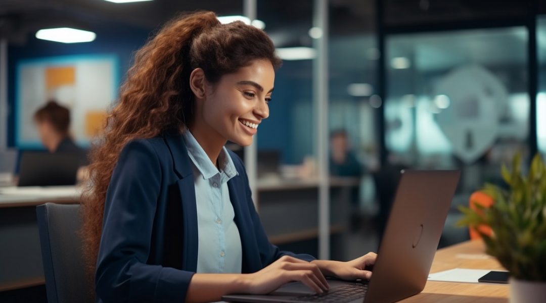 Mulher de cabelos castanhos e cacheados está sentada em frente a um computador. Ao fundo, existem outras pessoas embaçadas para dar foco em quem está na frente.